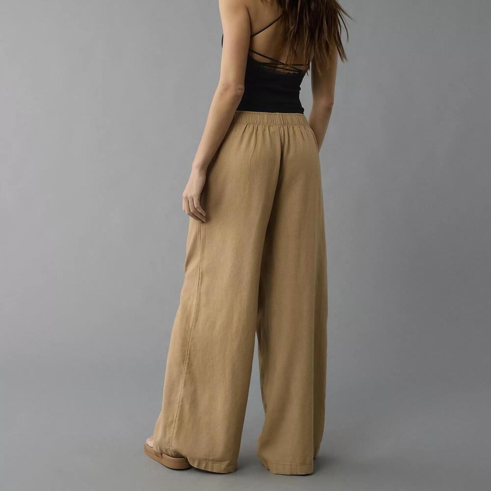 AE Tan Linen-Blend Pull-On High-Waisted Pants American Eagle Camel - Picture 3 of 6